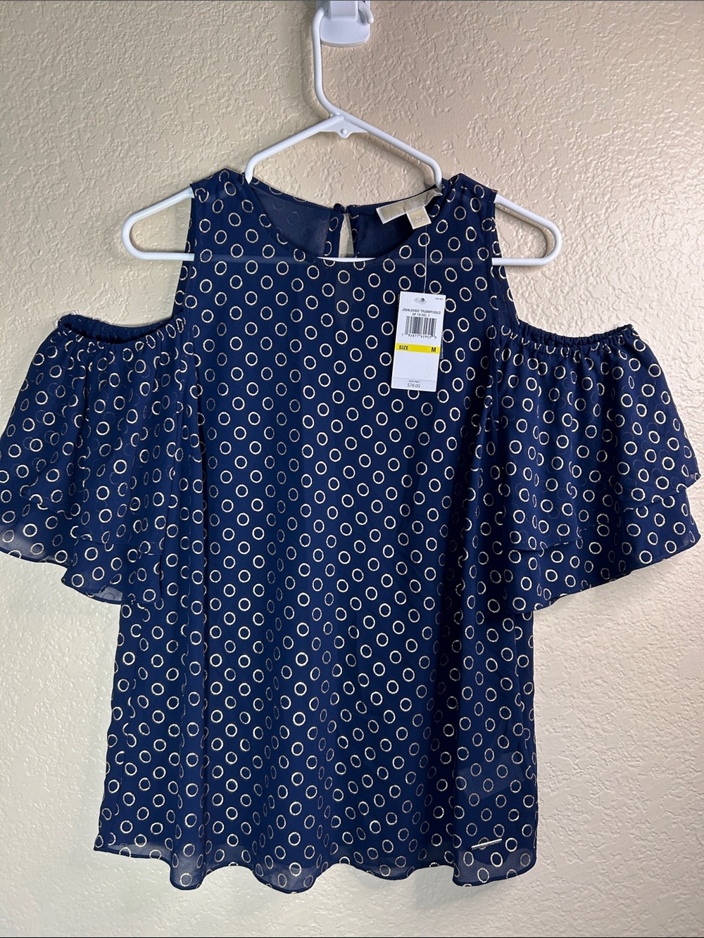 Michael Kors cold-shoulder top , navy blue and gold metallic ring print.  M